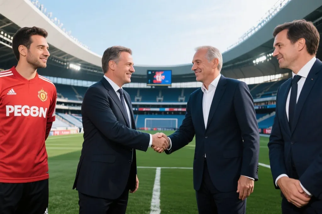 足球俱乐部与篮球俱乐部高层握手,背景为现代体育场