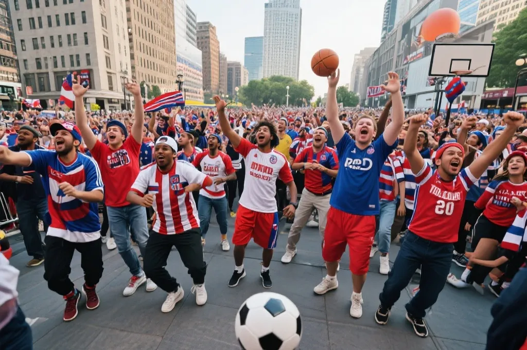 球迷穿着足球和篮球元素服饰,热烈庆祝在城市广场