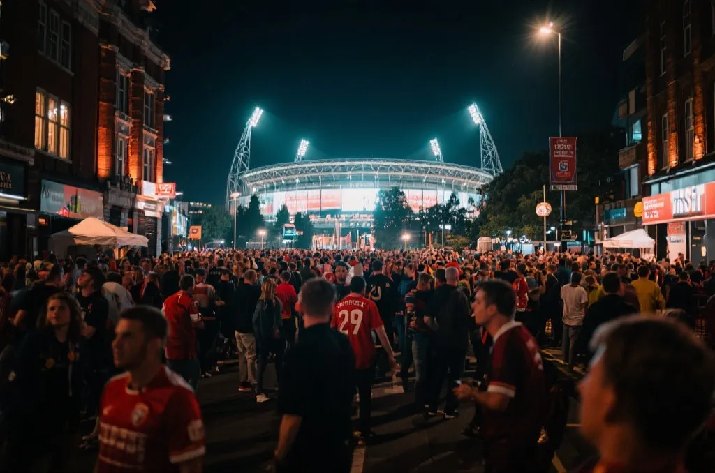 世界杯球迷在北美城市街头观赛与旅行的夜景氛围